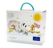 Kinder Geschirr-Set 7-teilig mit fröhlichen Tiermotiven, Vorderansicht der Verpackung