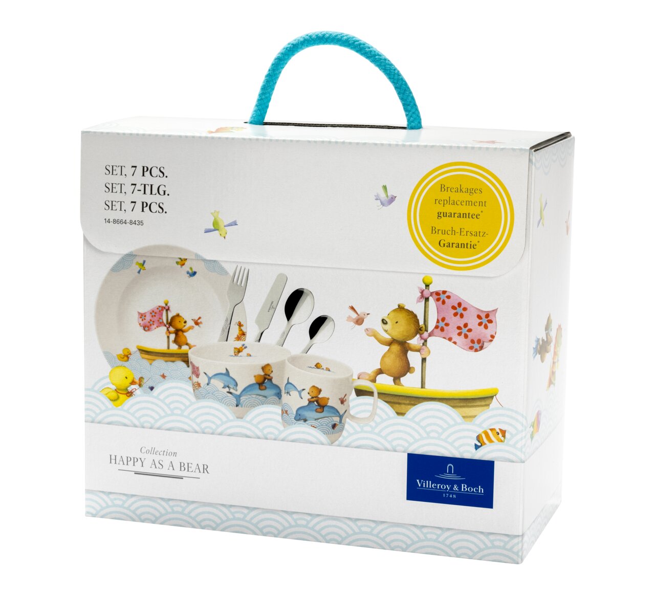 Kinder Geschirr-Set 7-teilig mit fröhlichen Tiermotiven, Vorderansicht der Verpackung