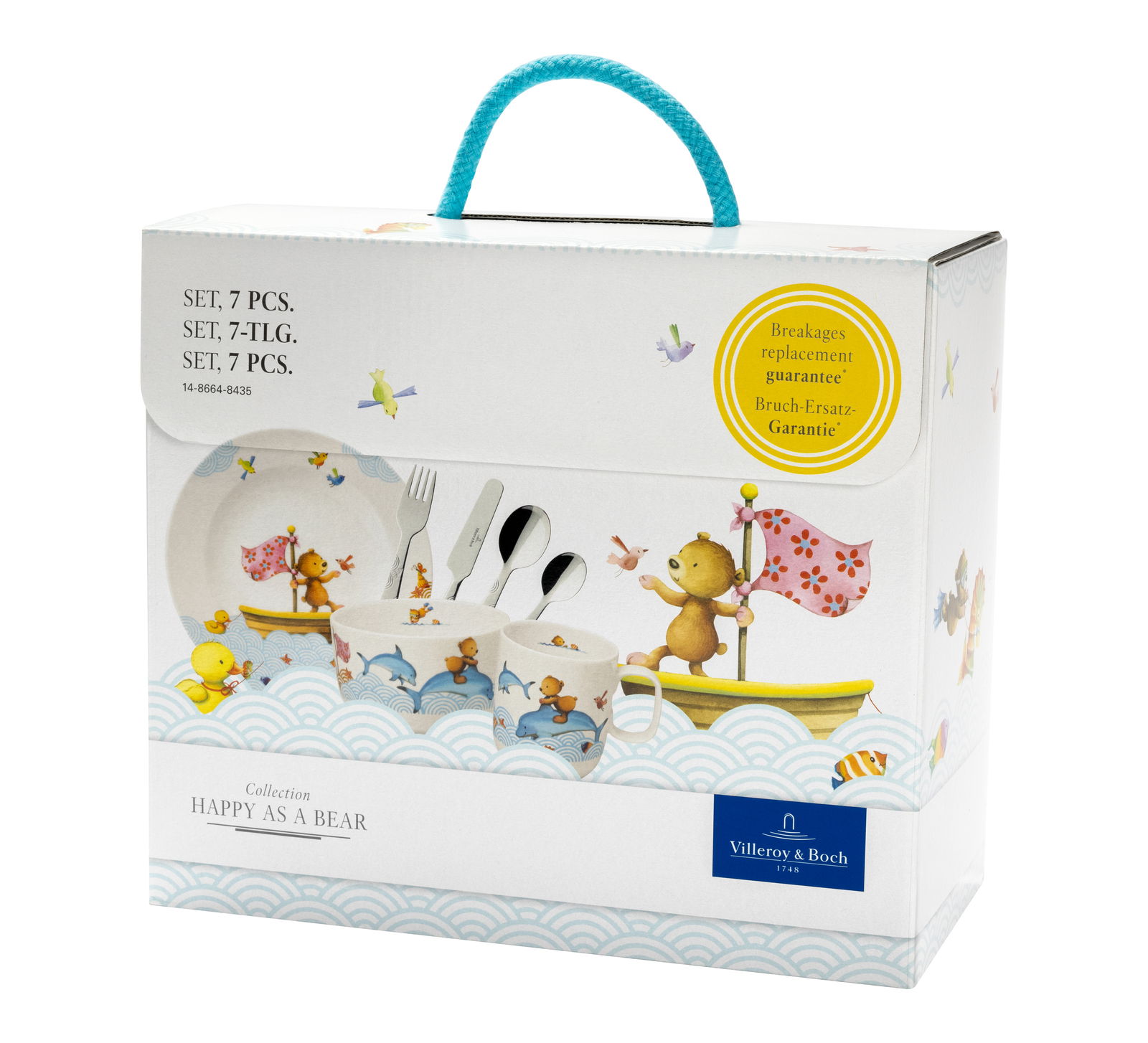 Kinder Geschirr-Set 7-teilig mit fröhlichen Tiermotiven, Vorderansicht der Verpackung