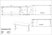 Höhenverstellbarer Schreibtisch 7912, Breite 180 cm, Tiefe 80 cm, Höhe 68-91 cm, technische Zeichnung mit Vorder-, Seiten- und Perspektivansicht.