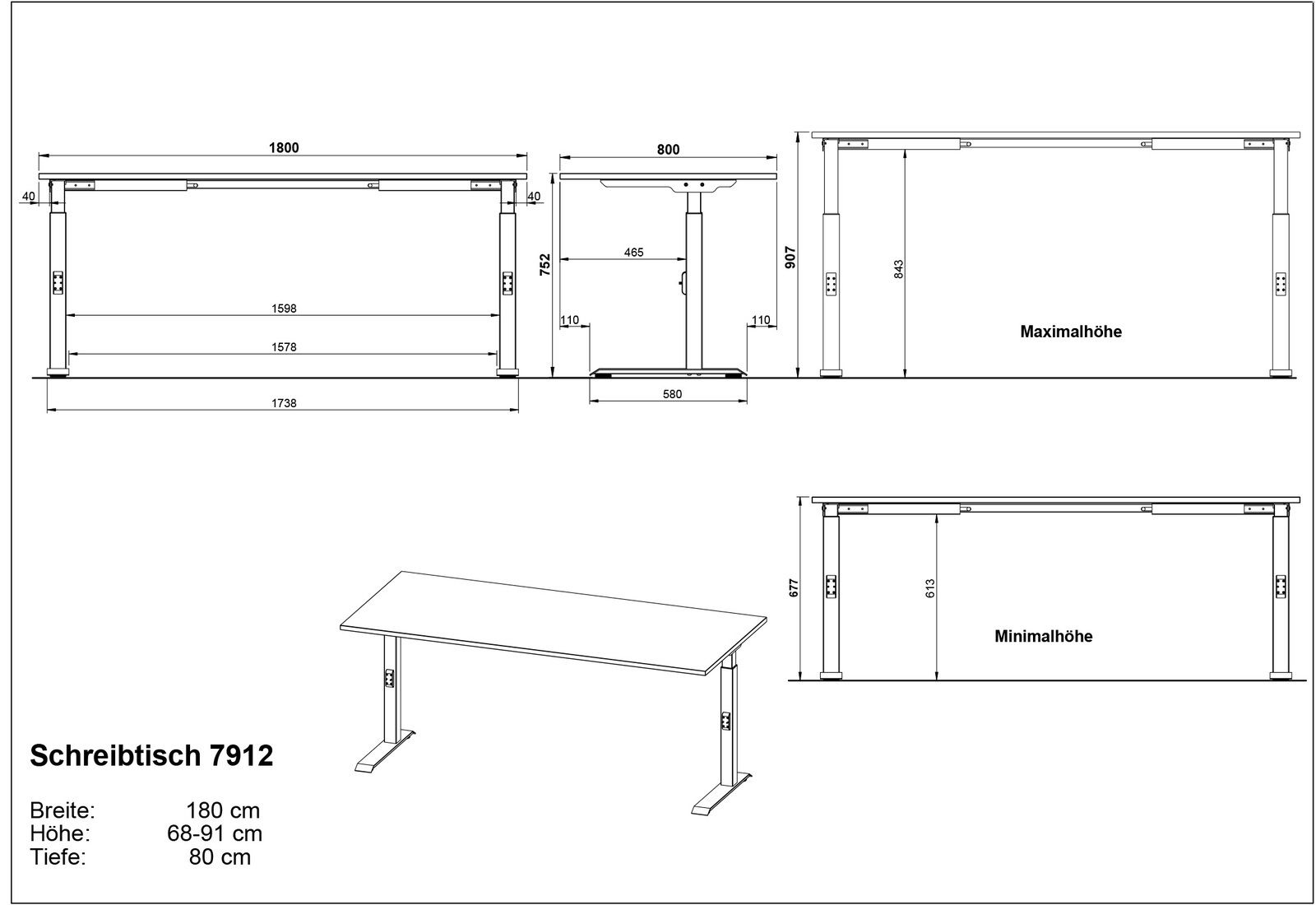Höhenverstellbarer Schreibtisch 7912, Breite 180 cm, Tiefe 80 cm, Höhe 68-91 cm, technische Zeichnung mit Vorder-, Seiten- und Perspektivansicht.