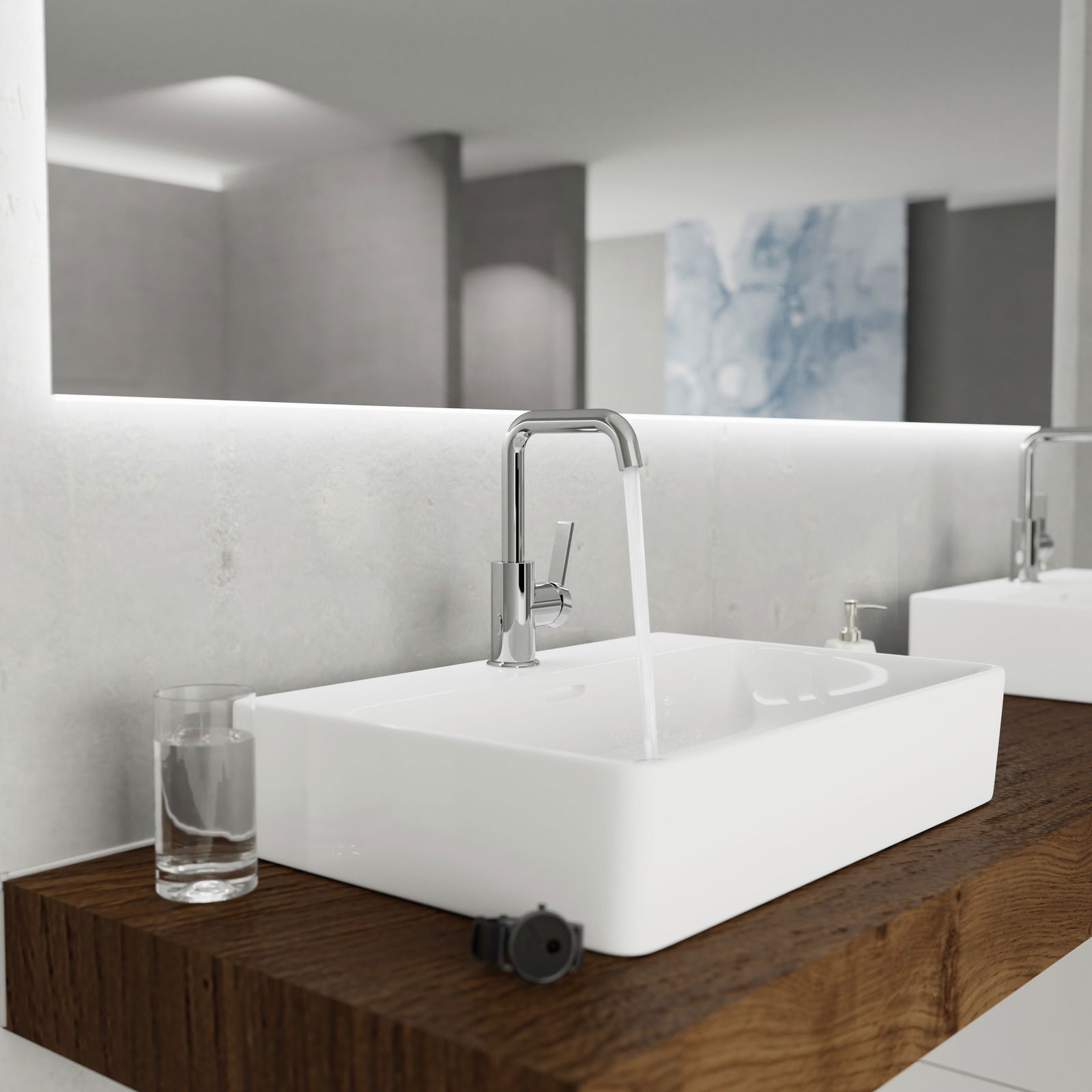 Moderne Waschtischarmatur in einem stilvollen Badezimmer, seitliche Perspektive