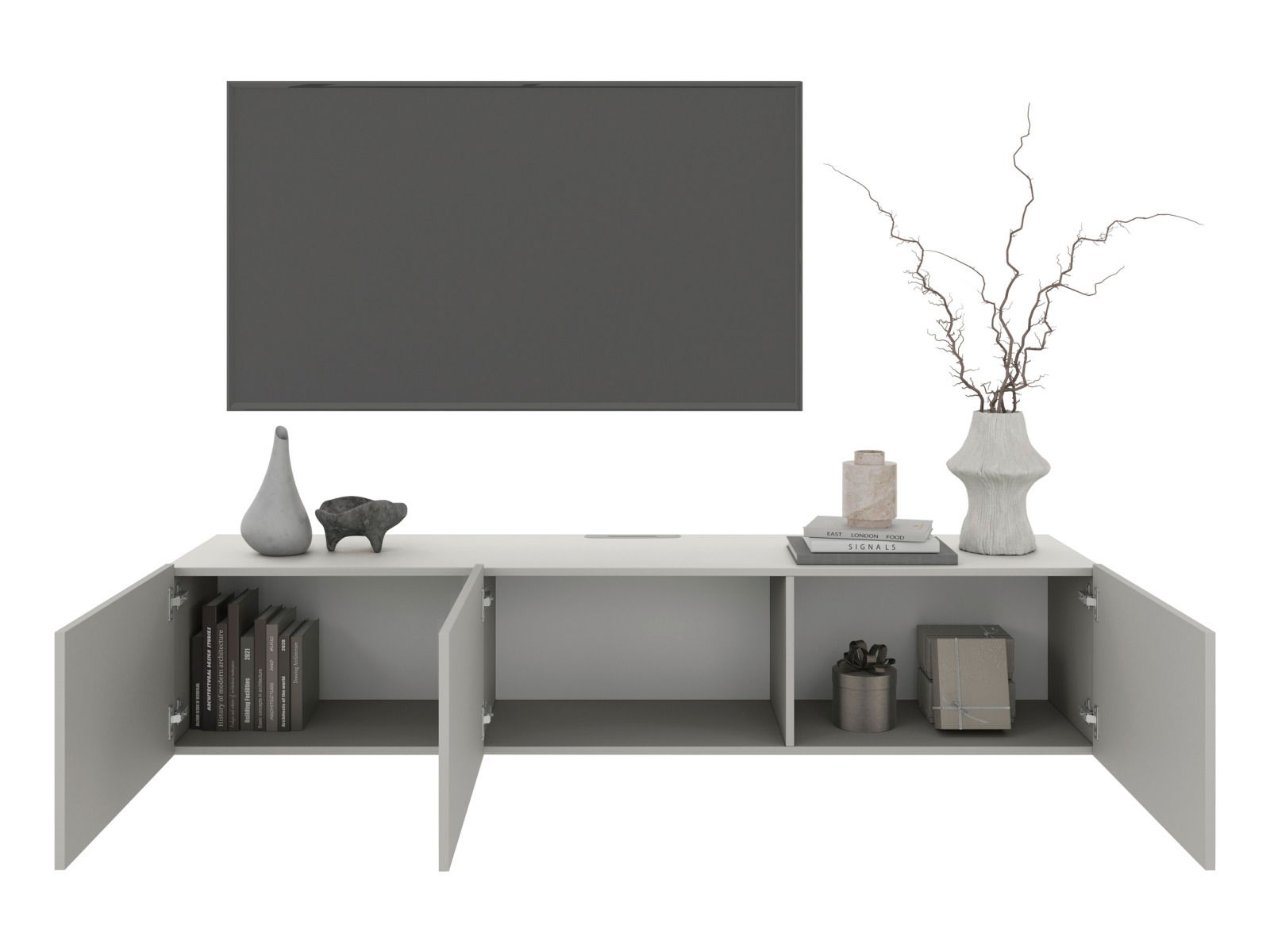 Frontale Ansicht eines modernen TV-Hängelowboards mit offenen Türen, dekoriert mit Vasen und Büchern.