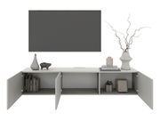 Frontale Ansicht eines modernen TV-Hängelowboards mit offenen Türen, dekoriert mit Vasen und Büchern.