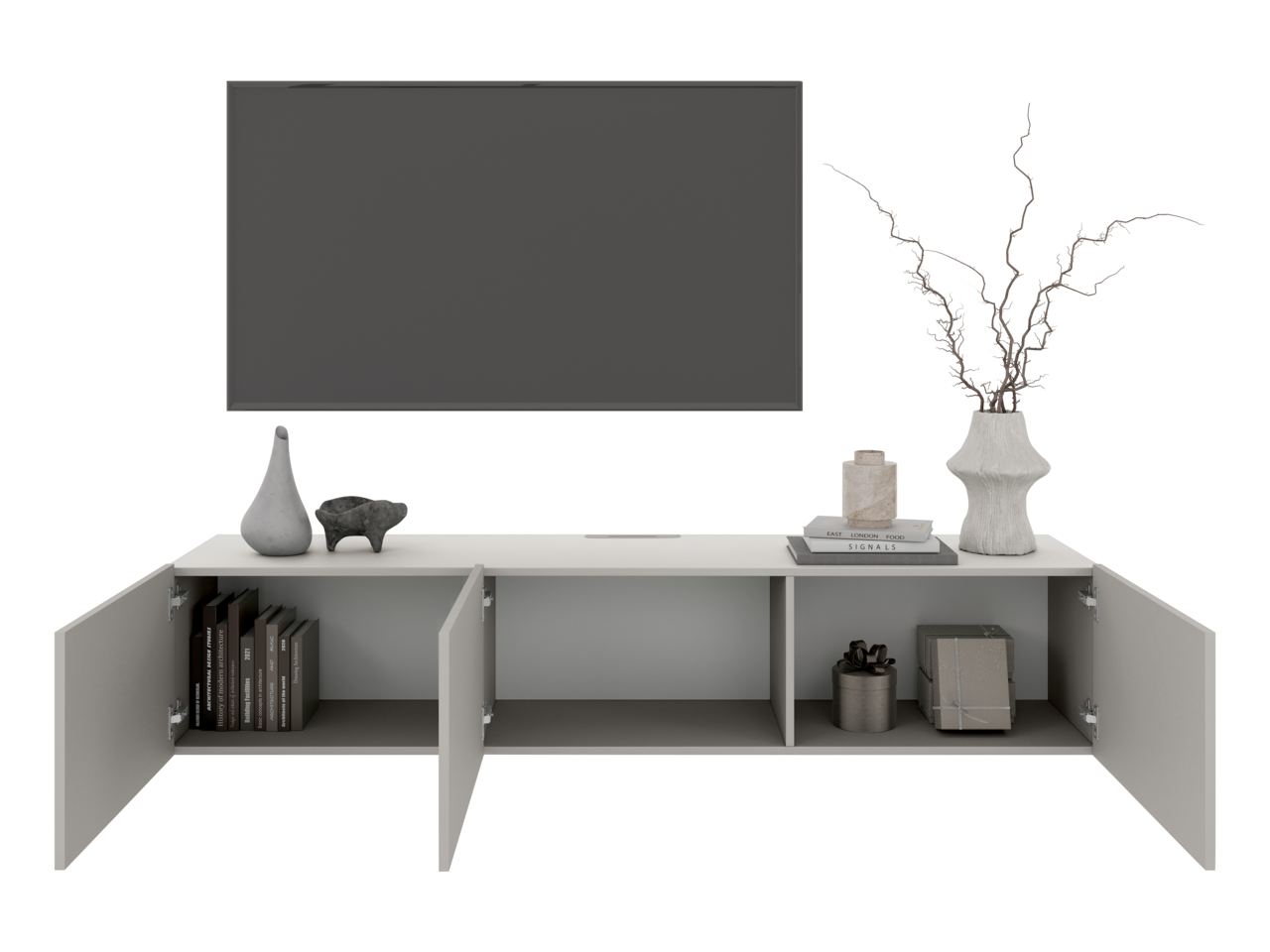 Frontale Ansicht eines modernen TV-Hängelowboards mit offenen Türen, dekoriert mit Vasen und Büchern.