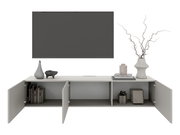 Frontale Ansicht eines modernen TV-Hängelowboards mit offenen Türen, dekoriert mit Vasen und Büchern.