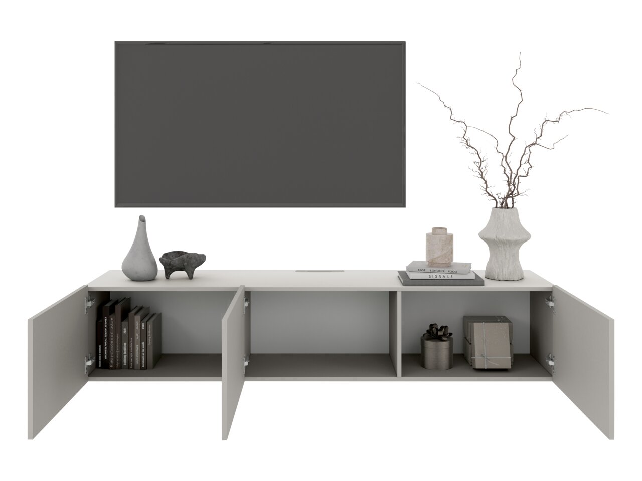 Vooraanzicht van een modern hangend tv-meubel met open deuren, versierd met vazen en boeken.