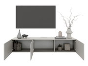 Vooraanzicht van een modern hangend tv-meubel met open deuren, versierd met vazen en boeken.