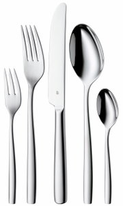 Elegantes Besteckset Palma 60-tlg. aus Edelstahl, bestehend aus Gabel, Messer, Löffel, Kuchengabel und Teelöffel, in Frontalansicht.