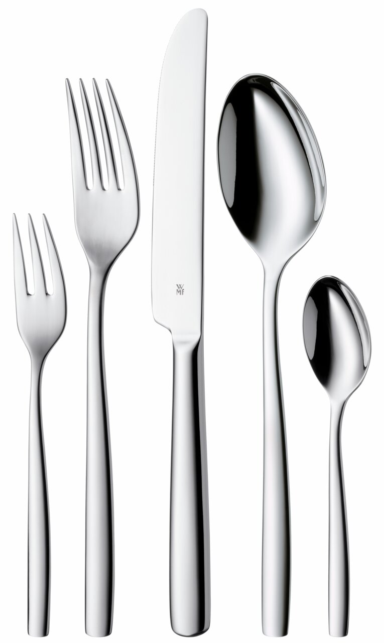 Elegantes Besteckset Palma 60-tlg. aus Edelstahl, bestehend aus Gabel, Messer, Löffel, Kuchengabel und Teelöffel, in Frontalansicht.