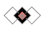 Moderne led-plafondlamp met een geometrisch ontwerp, bestaande uit overlappende vierkanten en een felrood midden, gezien van onderaf.