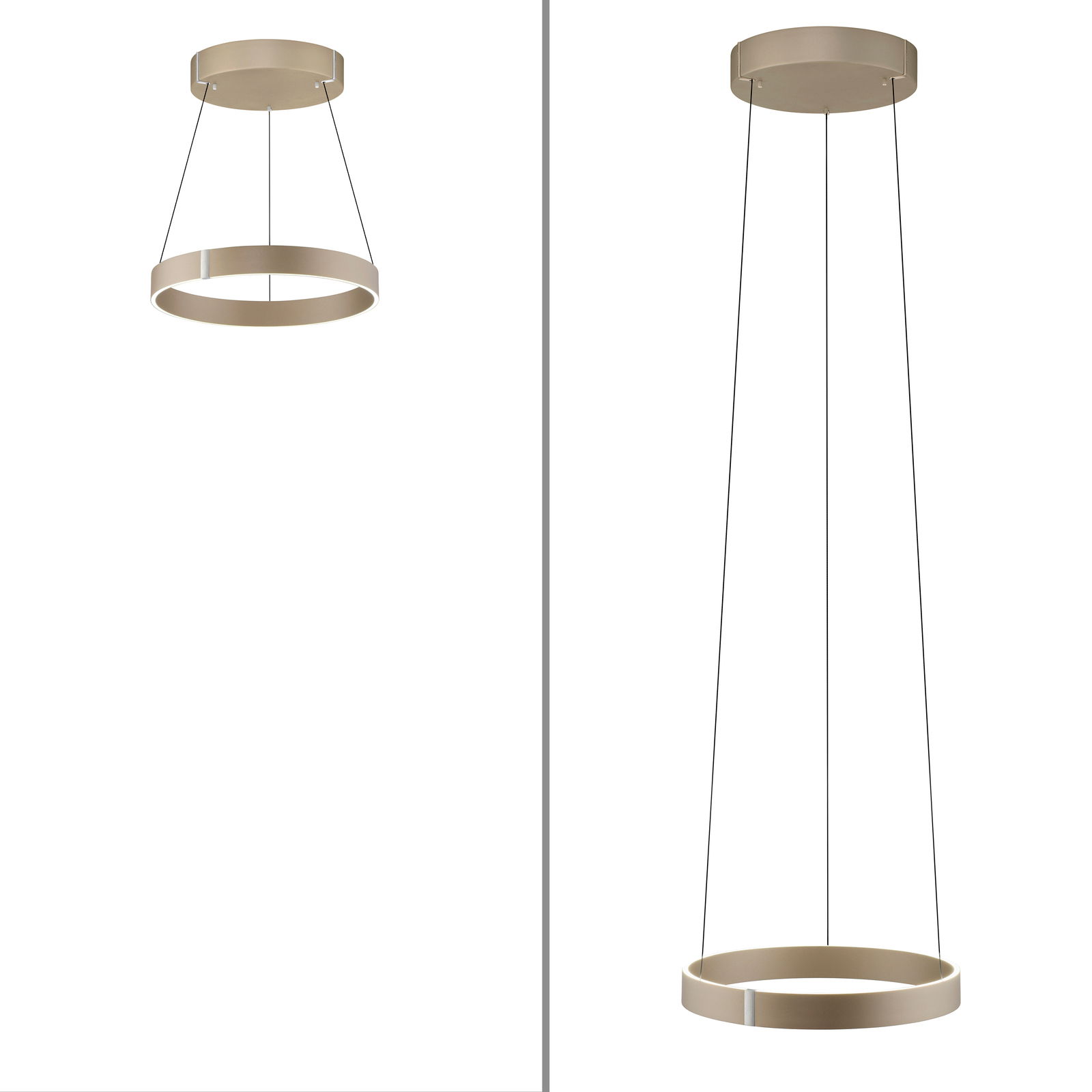 Moderne LED-Pendelleuchte in Ringform, von unten betrachtet, mit eleganten, dünnen Kabeln und einem minimalistischen Design.