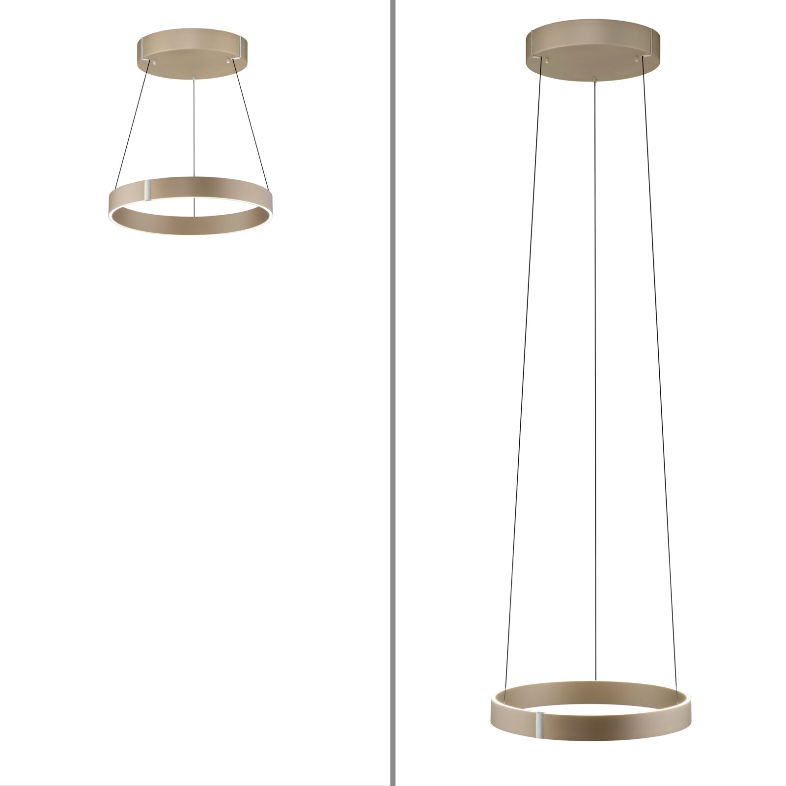 Moderne LED-hanglamp in ringvorm, gezien van onderaf, met elegante, dunne kabels en een minimalistisch ontwerp.