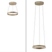 Moderne LED-hanglamp in ringvorm, gezien van onderaf, met elegante, dunne kabels en een minimalistisch ontwerp.