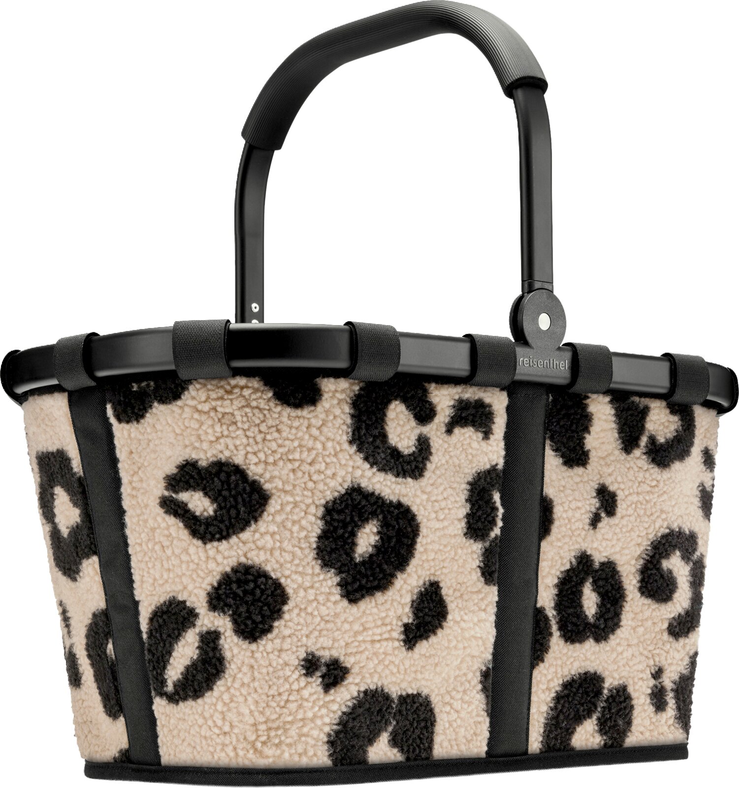 Reisenthel Einkaufskorb aus teddyartigem Stoff mit Leopardenmuster in Beige und Schwarz, schwarzem Rahmen und klappbarem Tragegriff, frontale Produktansicht