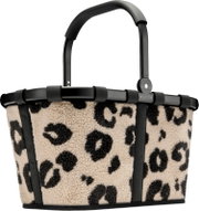 Reisenthel Einkaufskorb aus teddyartigem Stoff mit Leopardenmuster in Beige und Schwarz, schwarzem Rahmen und klappbarem Tragegriff, frontale Produktansicht