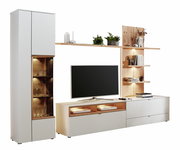 Moderne Wandkombination mit weißem Schrank, TV-Board und Regalen, frontal betrachtet.