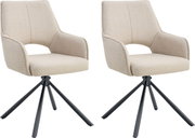 Zwei gepolsterte Esszimmerstühle mit Armlehnen in beige meliertem Stoff und schwarzem Metall-Drehkreuzgestell, freigestellt auf weißem Hintergrund, Ansicht schräg von vorne