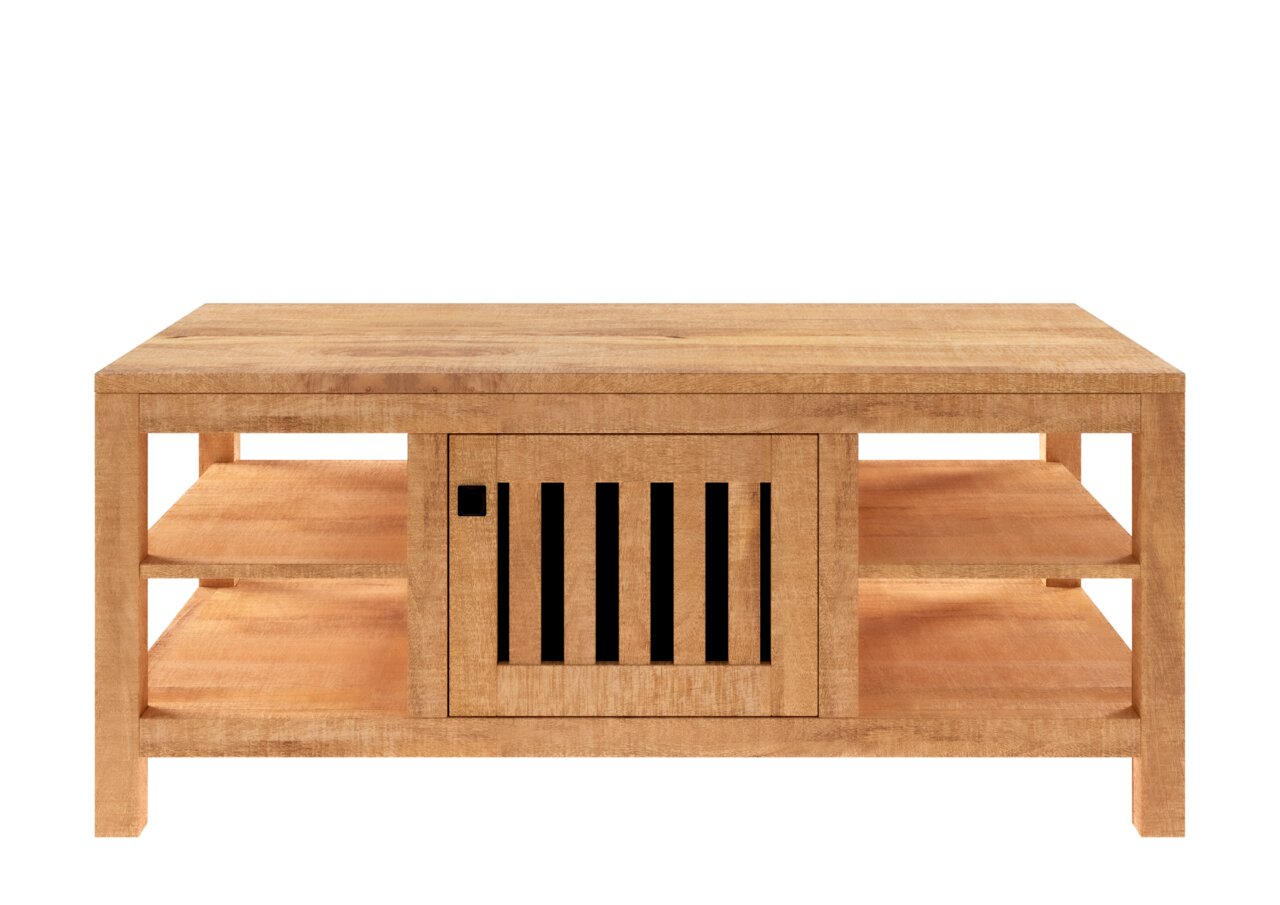 Frontansicht eines Couchtisches aus Holz mit zwei offenen Regalböden und einer mittigen Tür mit vertikalen Streben.