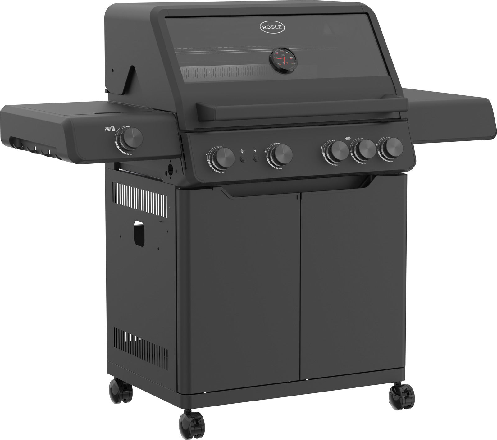 Schwarzer Gasgrill Allflame Hero 4 mit vier Drehknöpfen und Thermometer, seitliche Ablagen, auf Rollen, seitliche Perspektive
