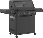 Schwarzer Gasgrill Allflame Hero 4 mit vier Drehknöpfen und Thermometer, seitliche Ablagen, auf Rollen, seitliche Perspektive