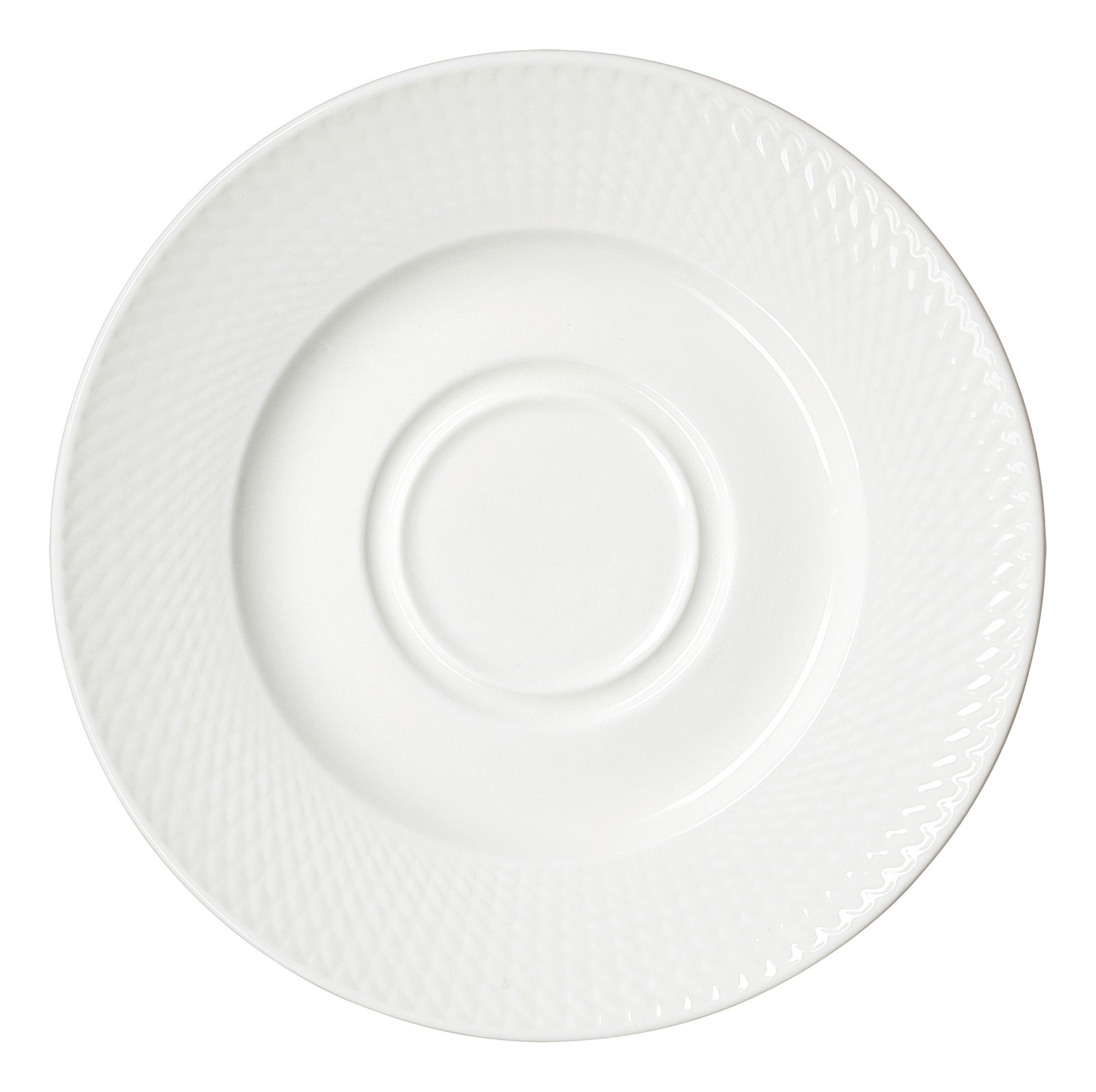 Weiße Untertasse mit strukturiertem Rand, Draufsicht