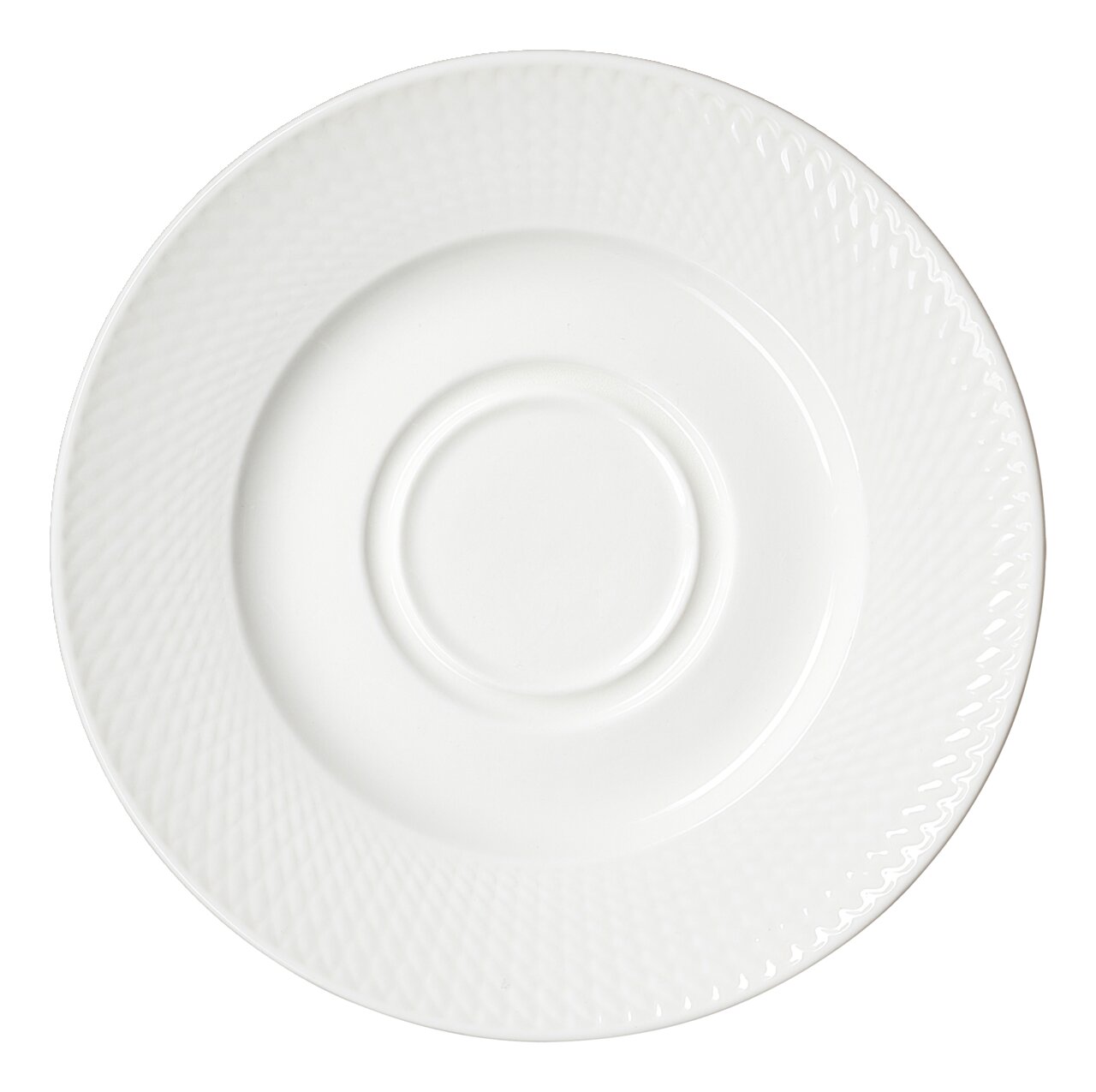 Weiße Untertasse mit strukturiertem Rand, Draufsicht