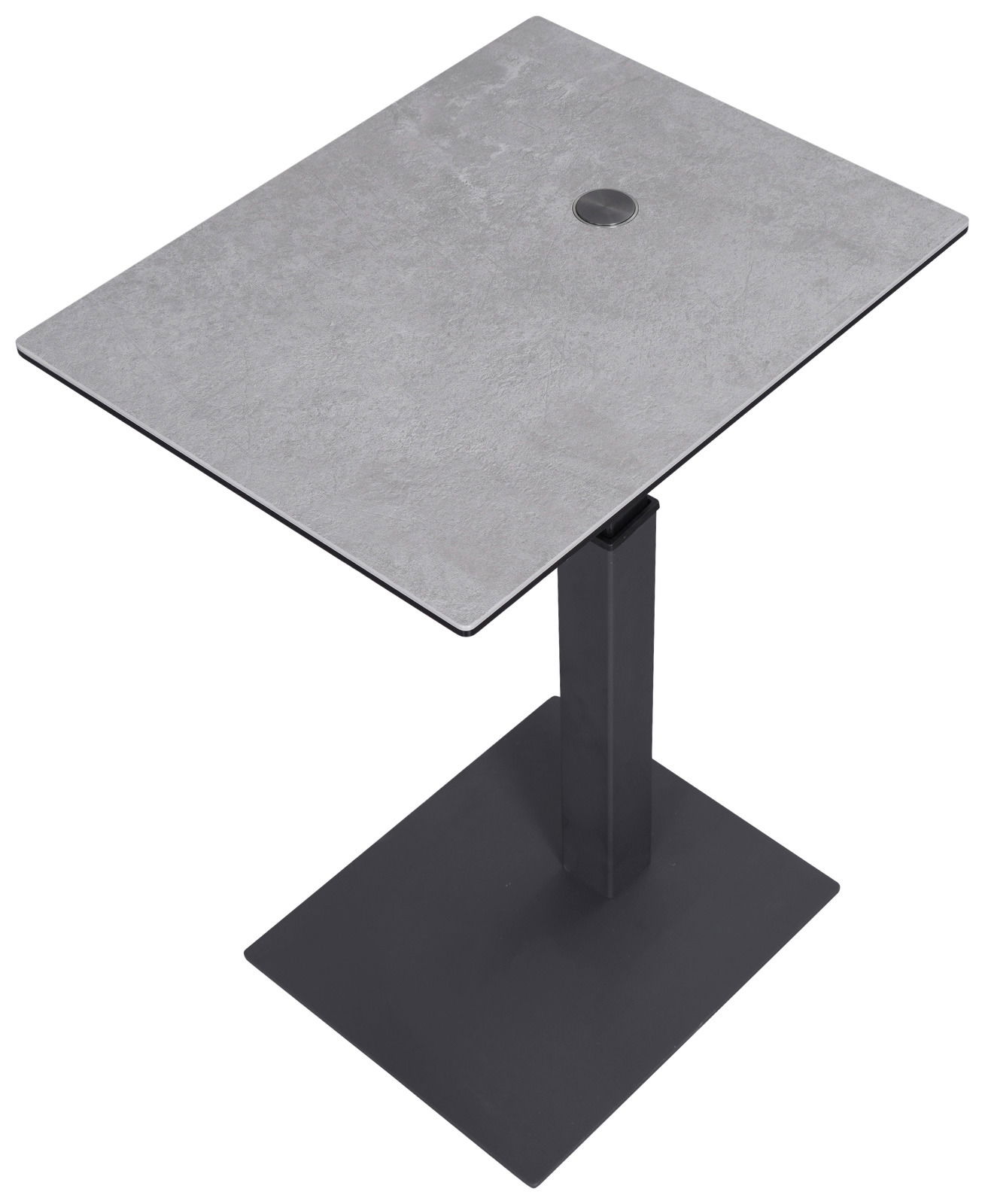 Moderner Beistelltisch mit quadratischer grauer Tischplatte und schwarzem Metallfuß, aus der Vogelperspektive fotografiert.