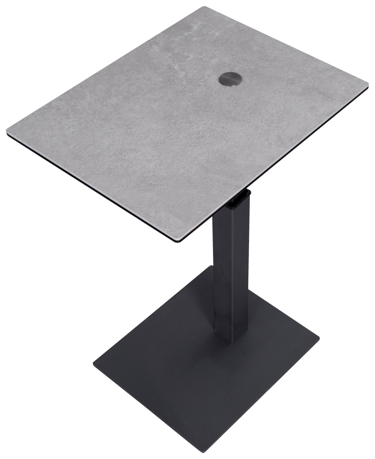 Moderner Beistelltisch mit quadratischer grauer Tischplatte und schwarzem Metallfuß, aus der Vogelperspektive fotografiert.