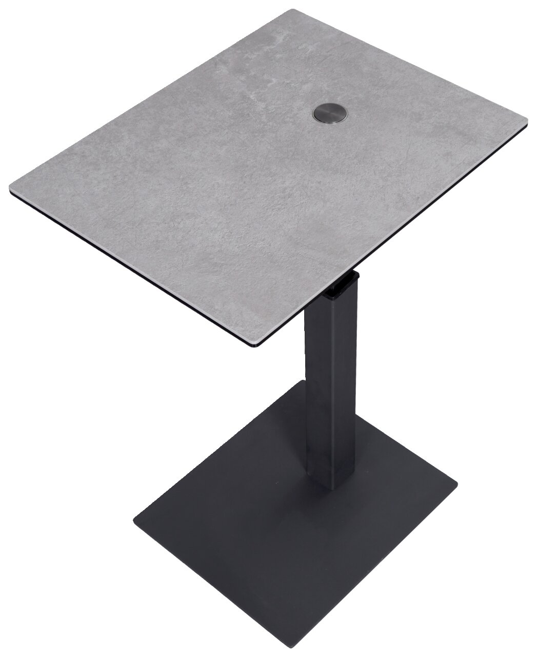 Moderner Beistelltisch mit quadratischer grauer Tischplatte und schwarzem Metallfuß, aus der Vogelperspektive fotografiert.