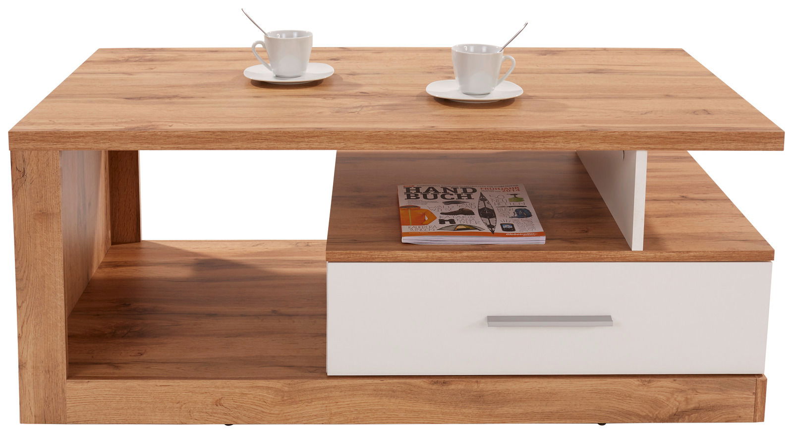 Moderner Couchtisch aus Holz mit weißer Schublade, zwei Tassen und einem Magazin, Frontalansicht.