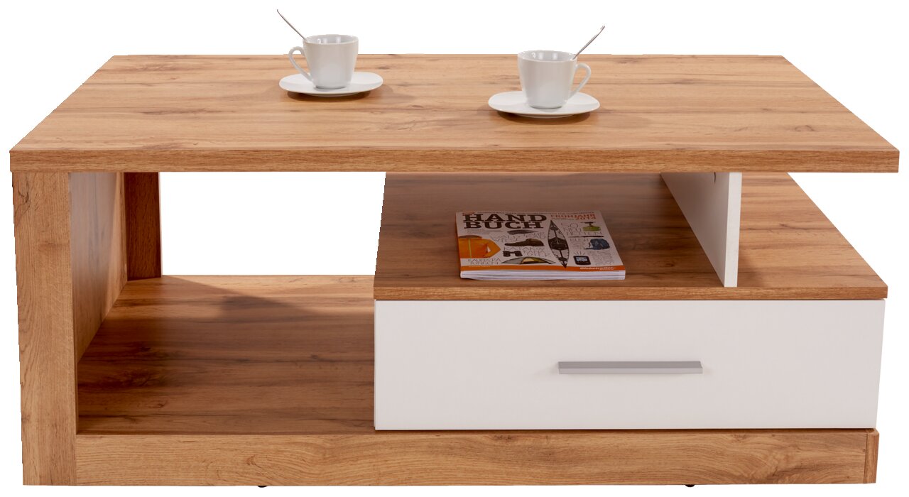 Moderner Couchtisch aus Holz mit weißer Schublade, zwei Tassen und einem Magazin, Frontalansicht.