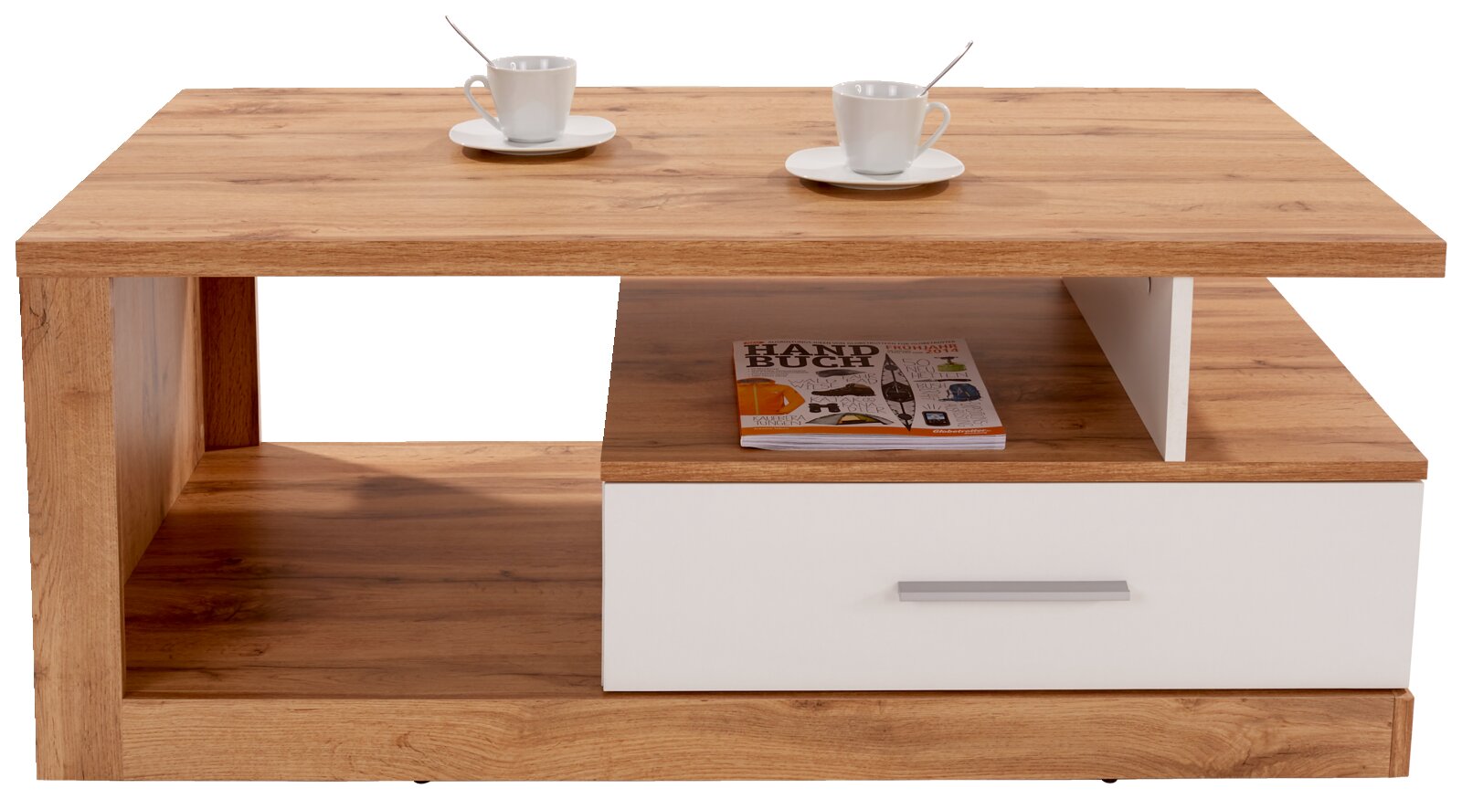 Moderner Couchtisch aus Holz mit weißer Schublade, zwei Tassen und einem Magazin, Frontalansicht.