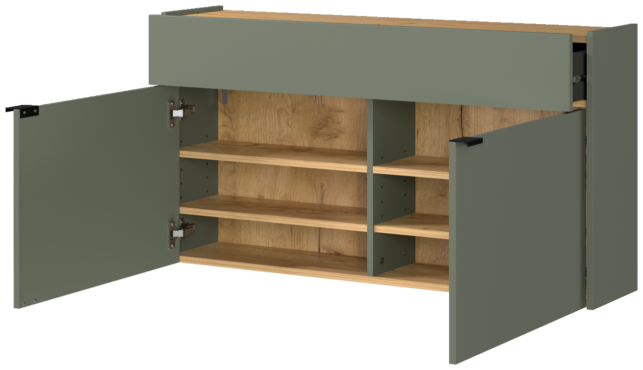 Hängeschuhschrank breit in grüner Farbe mit offenen Türen, zeigt mehrere Regalböden aus Holz. Perspektive von vorne.