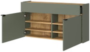 Hängeschuhschrank breit in grüner Farbe mit offenen Türen, zeigt mehrere Regalböden aus Holz. Perspektive von vorne.