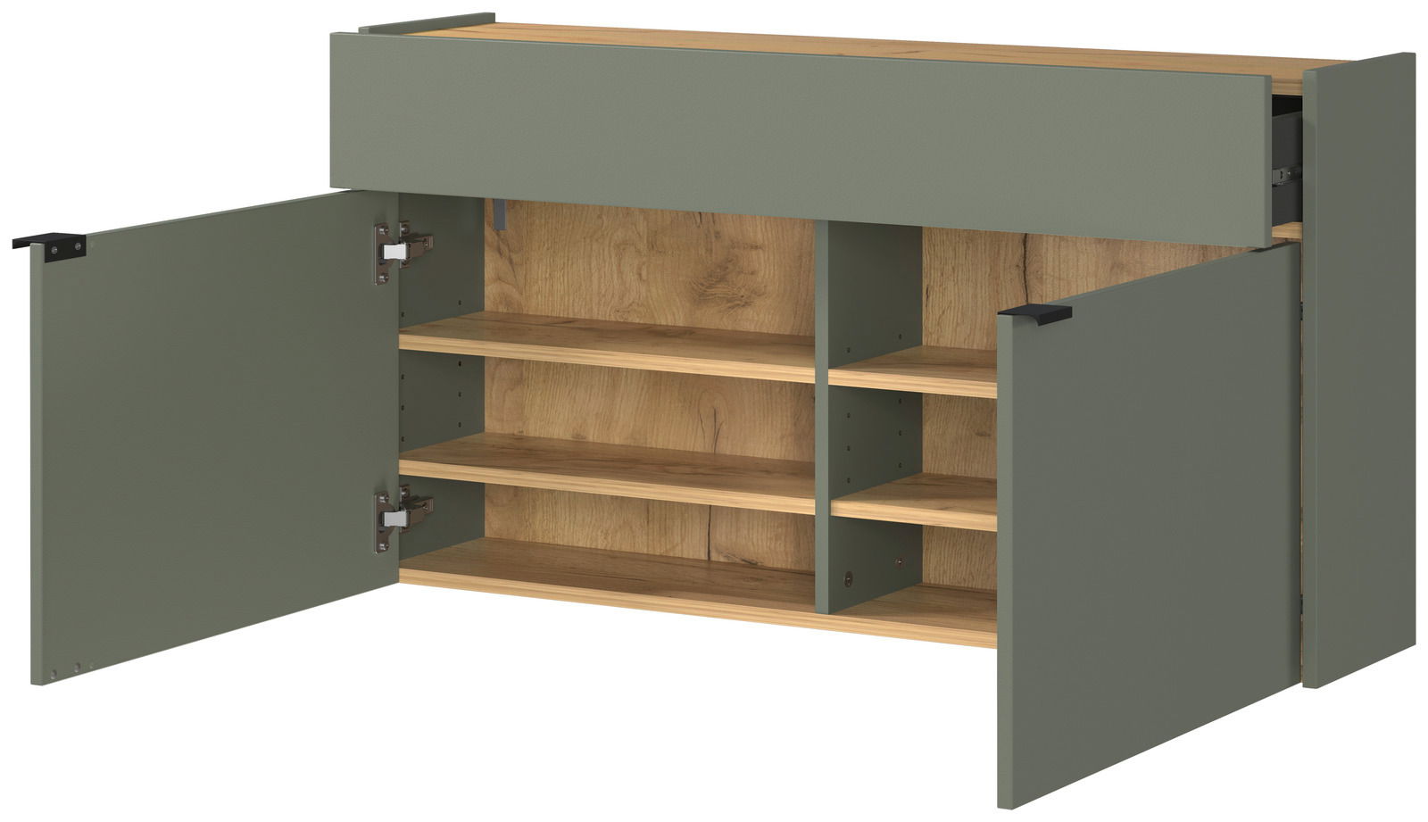 Hängeschuhschrank breit in grüner Farbe mit offenen Türen, zeigt mehrere Regalböden aus Holz. Perspektive von vorne.