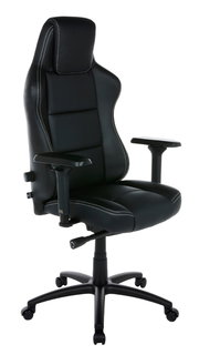 Schwarzer Gaming-Stuhl mit ergonomischem Design, verstellbaren Armlehnen und stabiler Basis, seitliche Perspektive