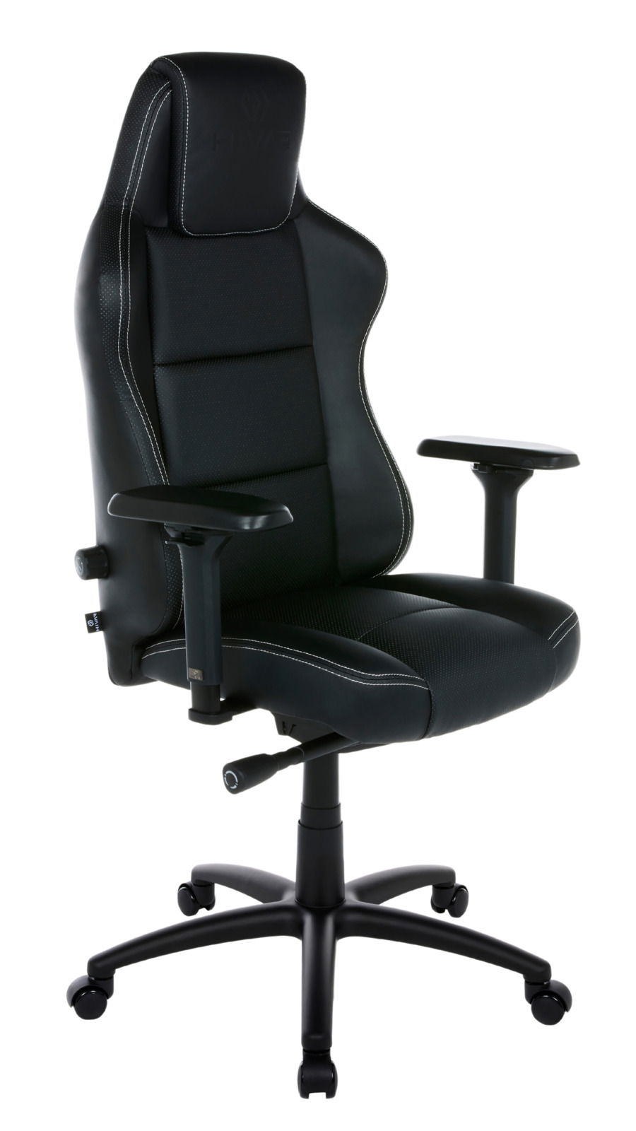 Schwarzer Gaming-Stuhl mit ergonomischem Design, verstellbaren Armlehnen und stabiler Basis, seitliche Perspektive
