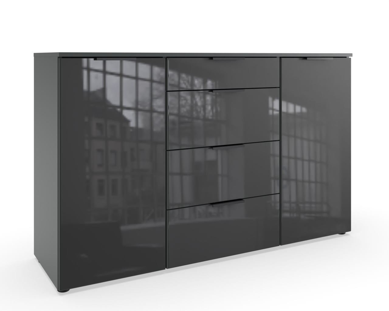 Moderne Kombikommode in Hochglanzoptik mit zwei Türen und vier Schubladen, seitliche Perspektive