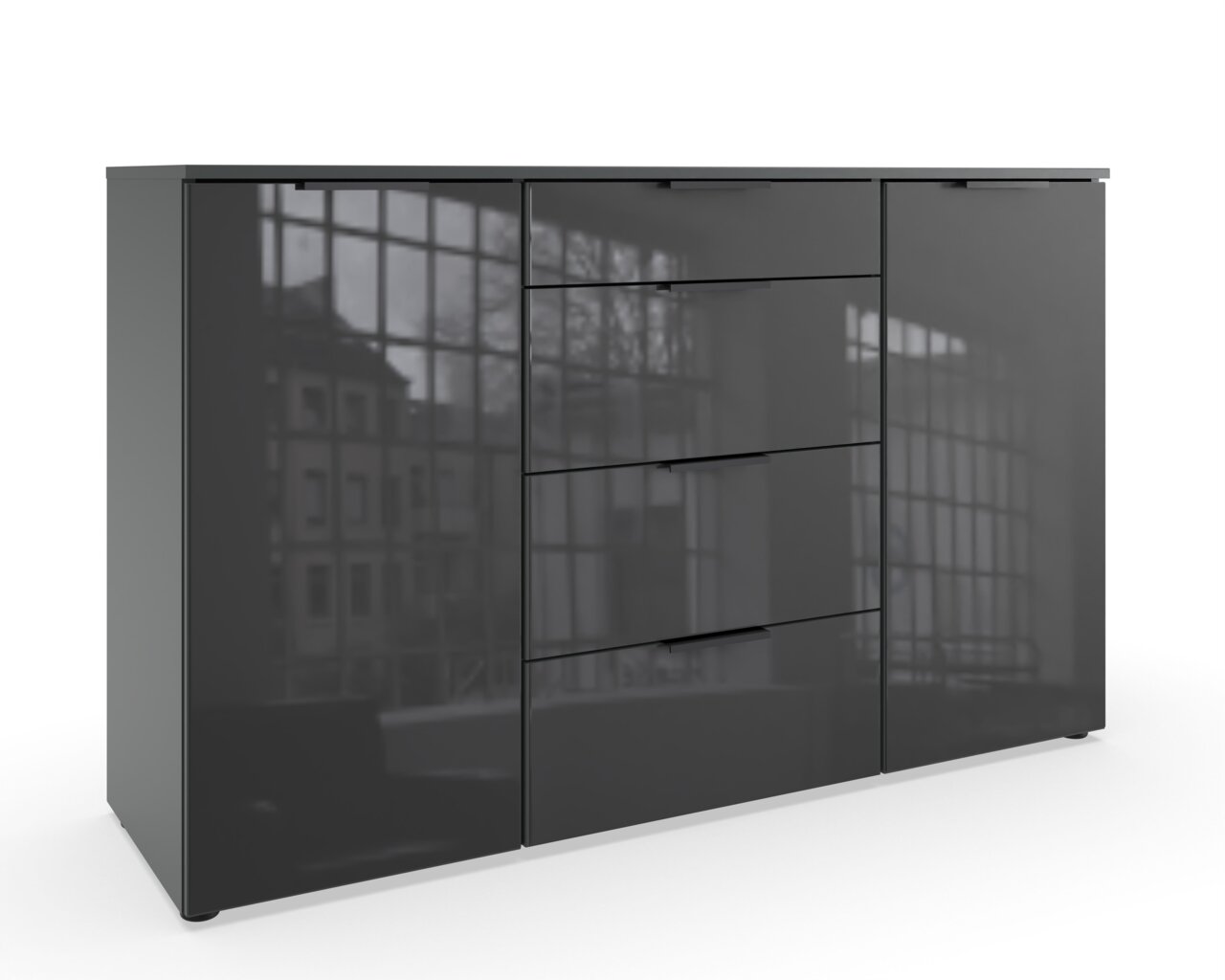 Moderne Kombikommode in Hochglanzoptik mit zwei Türen und vier Schubladen, seitliche Perspektive