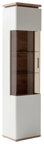 Hoge, moderne vitrinekast met witte romp, houten boven- en onderkant, getinte glazen deur met handgreep en glazen planken, perspectivisch vooraanzicht, licht van links