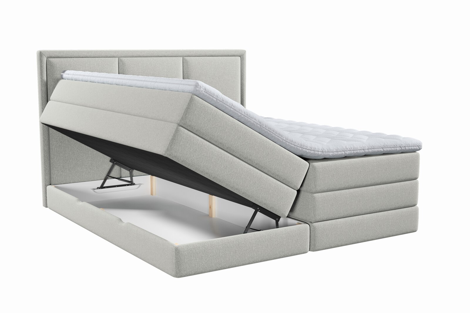 Lichtgrijs gestoffeerd boxspringbed met hoofdbord, topper en geopende opbergruimte, schuin van voren gezien