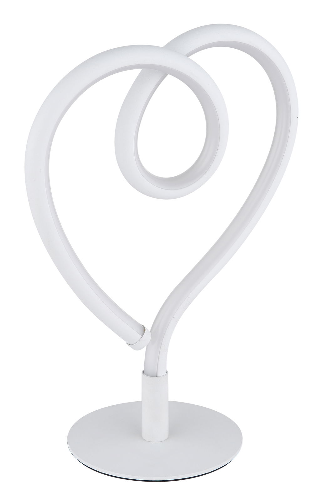 Moderne LED-Tischleuchte in Herzform, seitliche Perspektive
