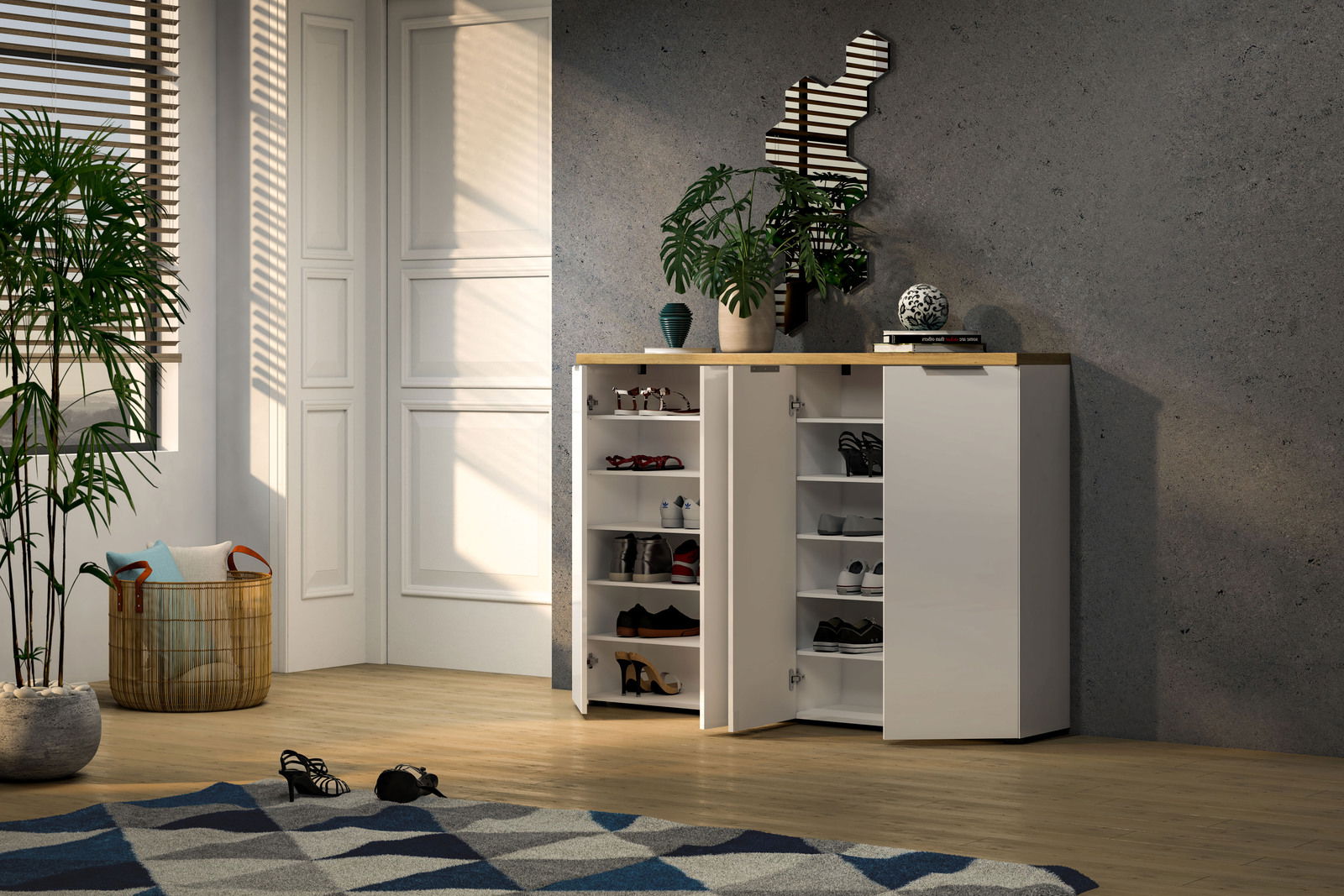 Moderner XXL-Schuhschrank in einem stilvollen Raum, frontal betrachtet, mit offenen Türen, die mehrere Paar Schuhe zeigen.