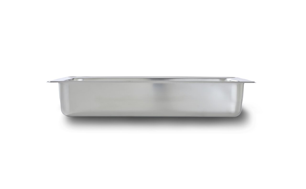 Seitenansicht eines Edelstahl-Chafing-Dish-Behälters