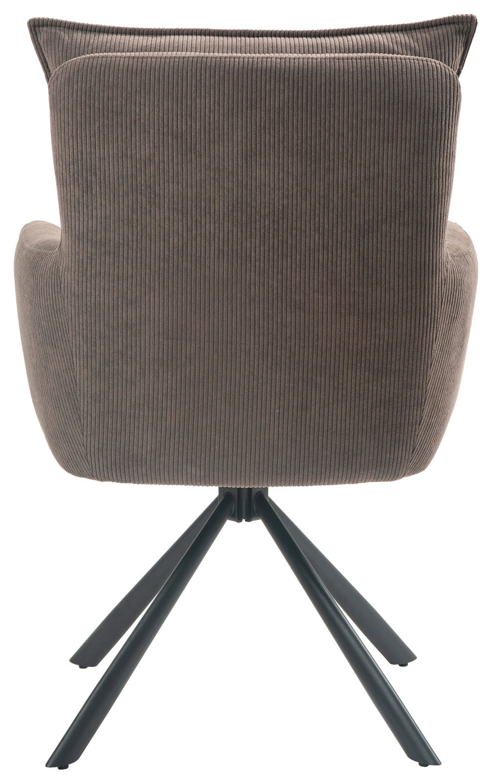 Rückansicht eines Sessels mit geripptem Stoffbezug und schwarzem Metallgestell.