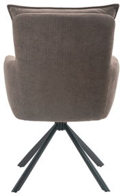 Rückansicht eines Sessels mit geripptem Stoffbezug und schwarzem Metallgestell.