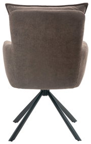 Rückansicht eines Sessels mit geripptem Stoffbezug und schwarzem Metallgestell.