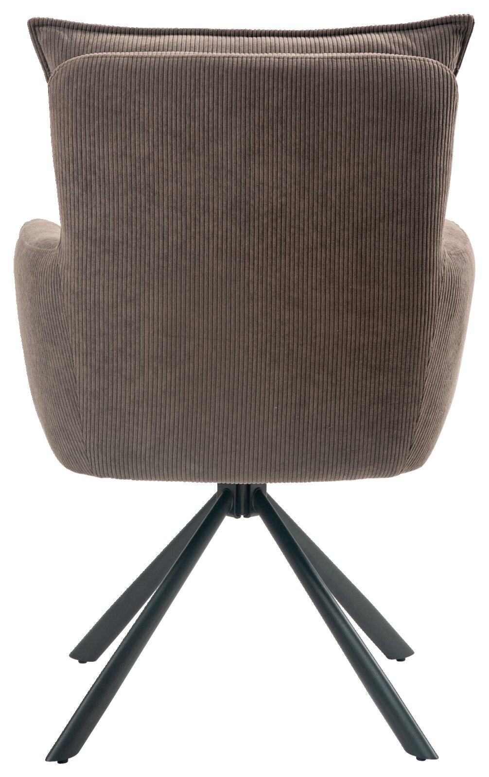 Achterkant van een fauteuil met geribbelde stoffen bekleding en een zwart metalen frame.