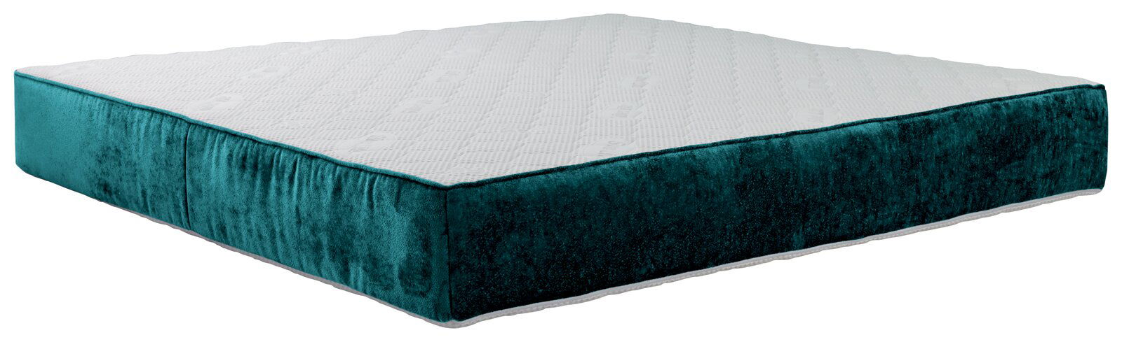 Seitliche Perspektive auf eine grüne Polstermatratze mit weißer Oberseite.